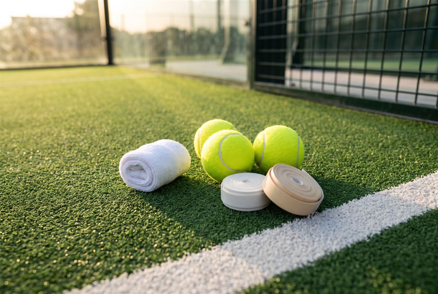 Padelballen, opgerolde handdoek en overgrips op de baan bij de lijn