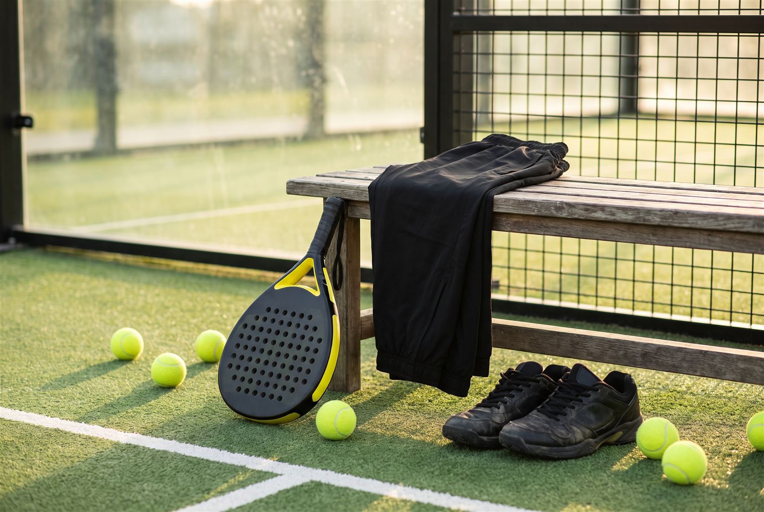 Zwarte trainingsbroek over een bankje bij de padelbaan met racket en schoenen