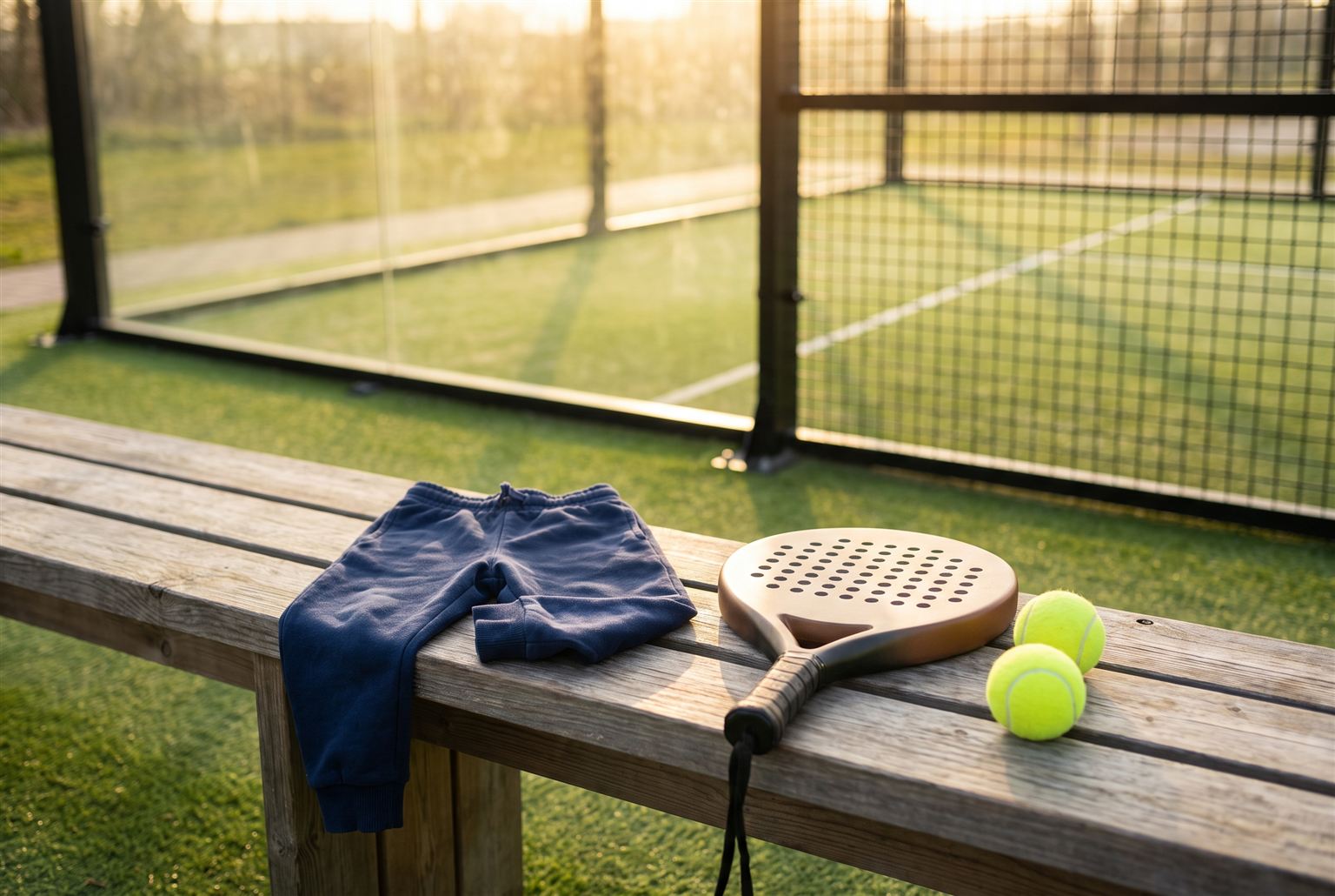 Kleine kindertrainingsbroek op een bankje met junior padelracket en ballen