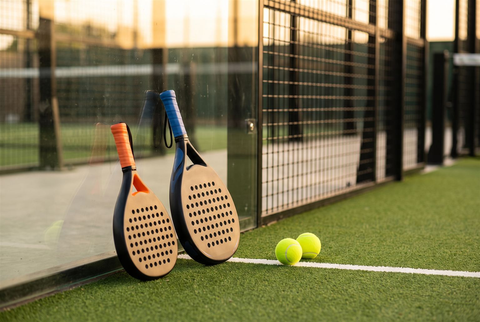 Klein junior padelracket naast een racket voor volwassenen tegen de glaswand