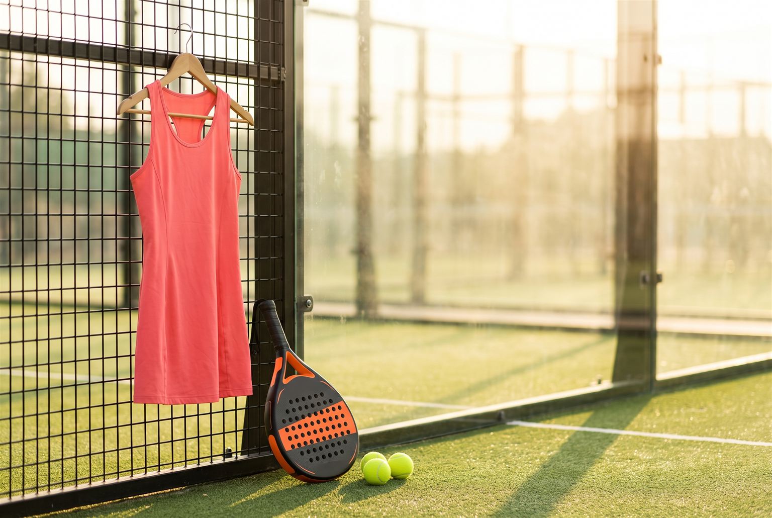 Koraalroze sportjurkje op een hanger aan de padelkooi met racket en ballen