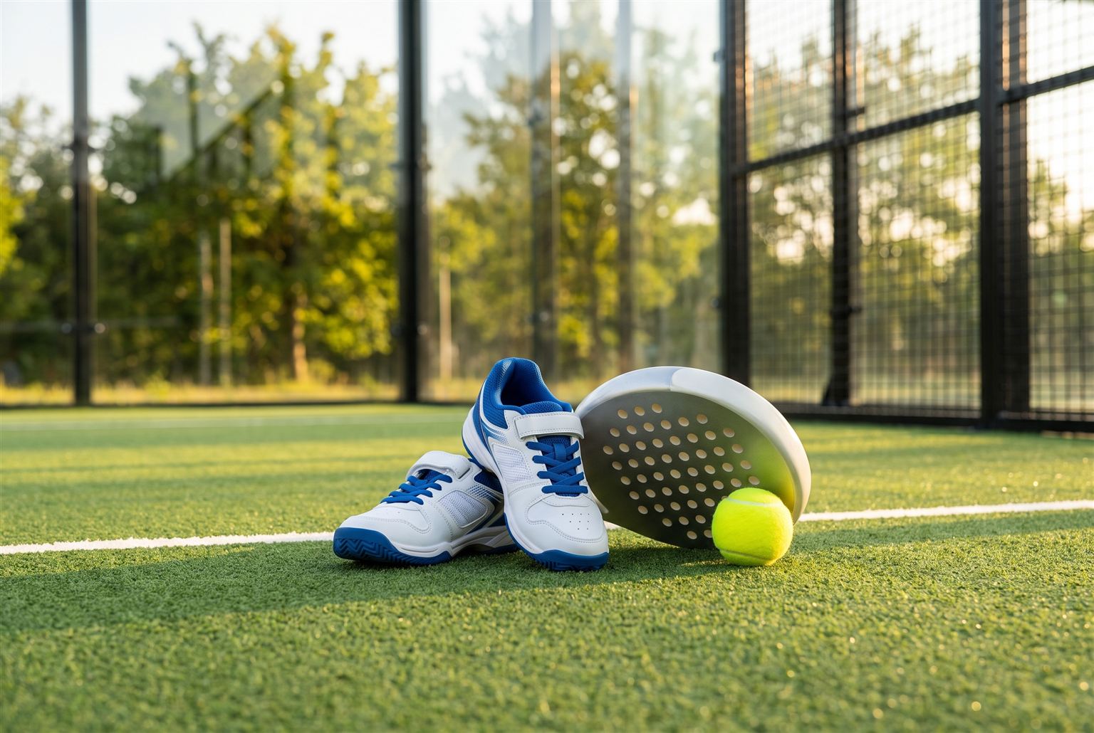 Kleine padelschoenen voor kinderen met junior racket en bal op de baan
