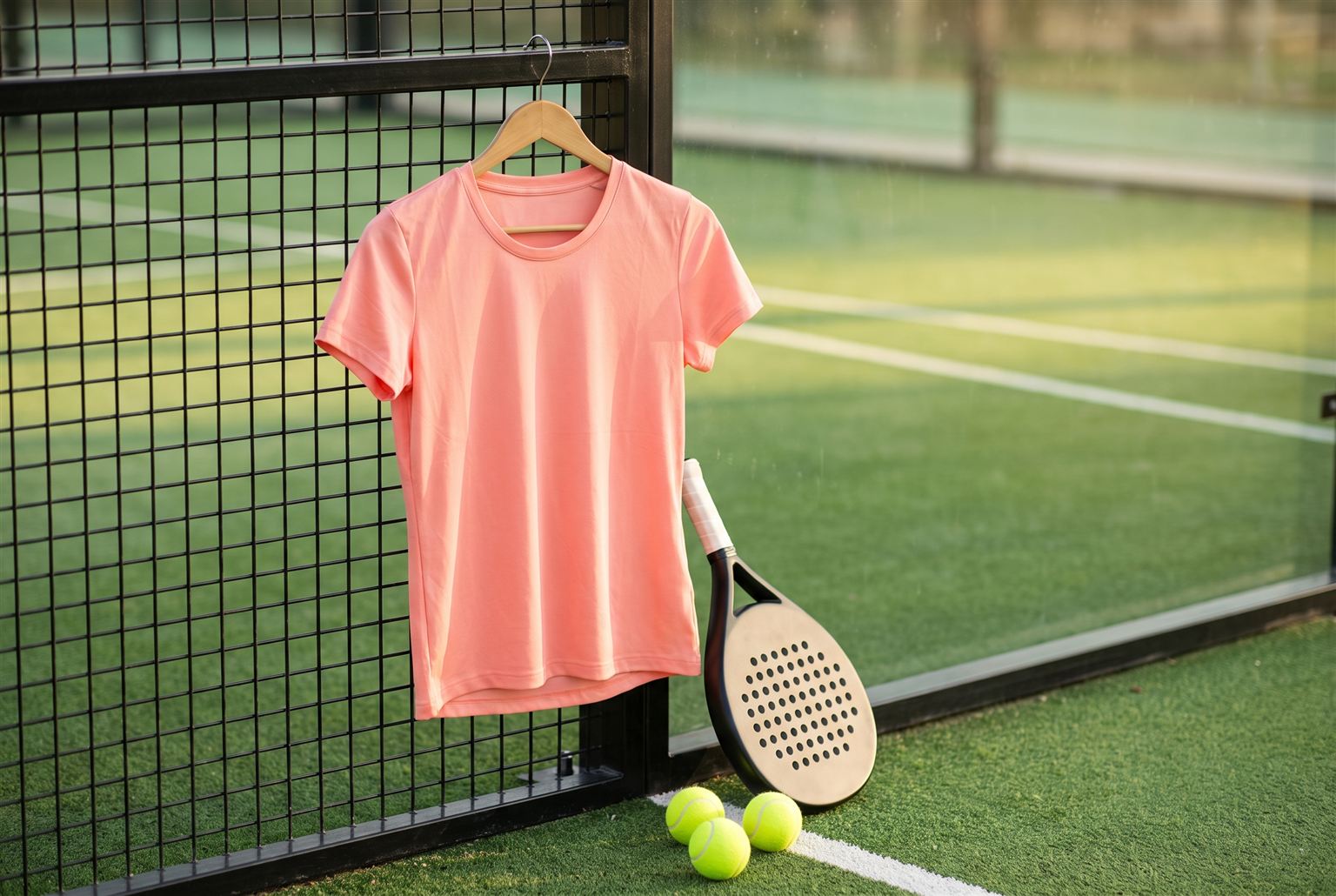 Koraalroze sportshirt op een hanger aan de padelkooi met racket en ballen