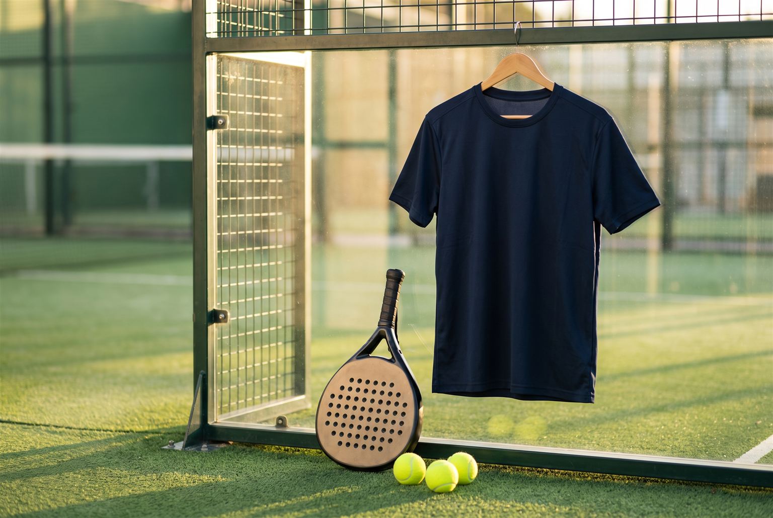 Donkerblauw sportshirt op een hanger aan de padelkooi met racket en ballen