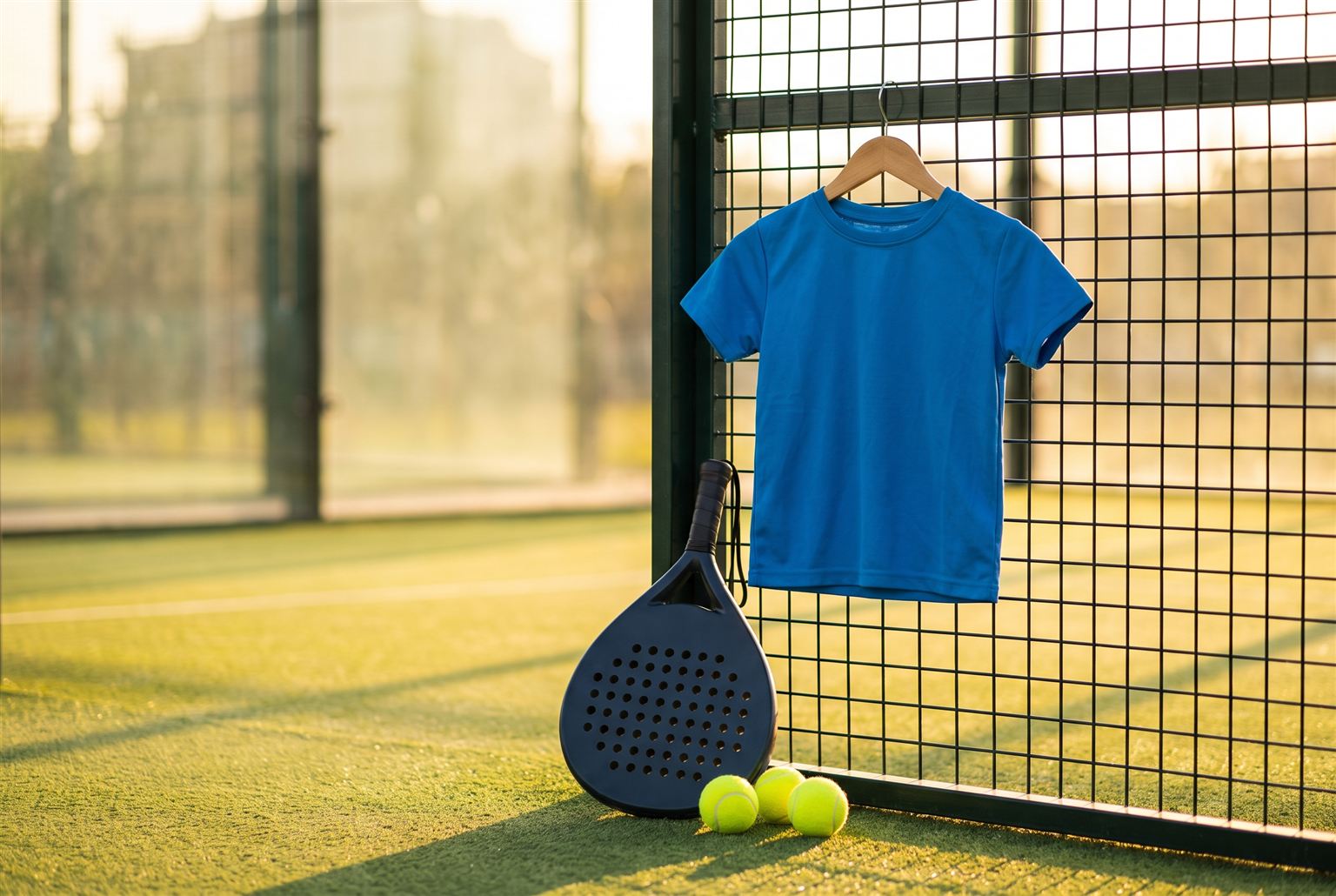 Klein blauw kindersportshirt op een hanger aan de padelkooi met junior racket