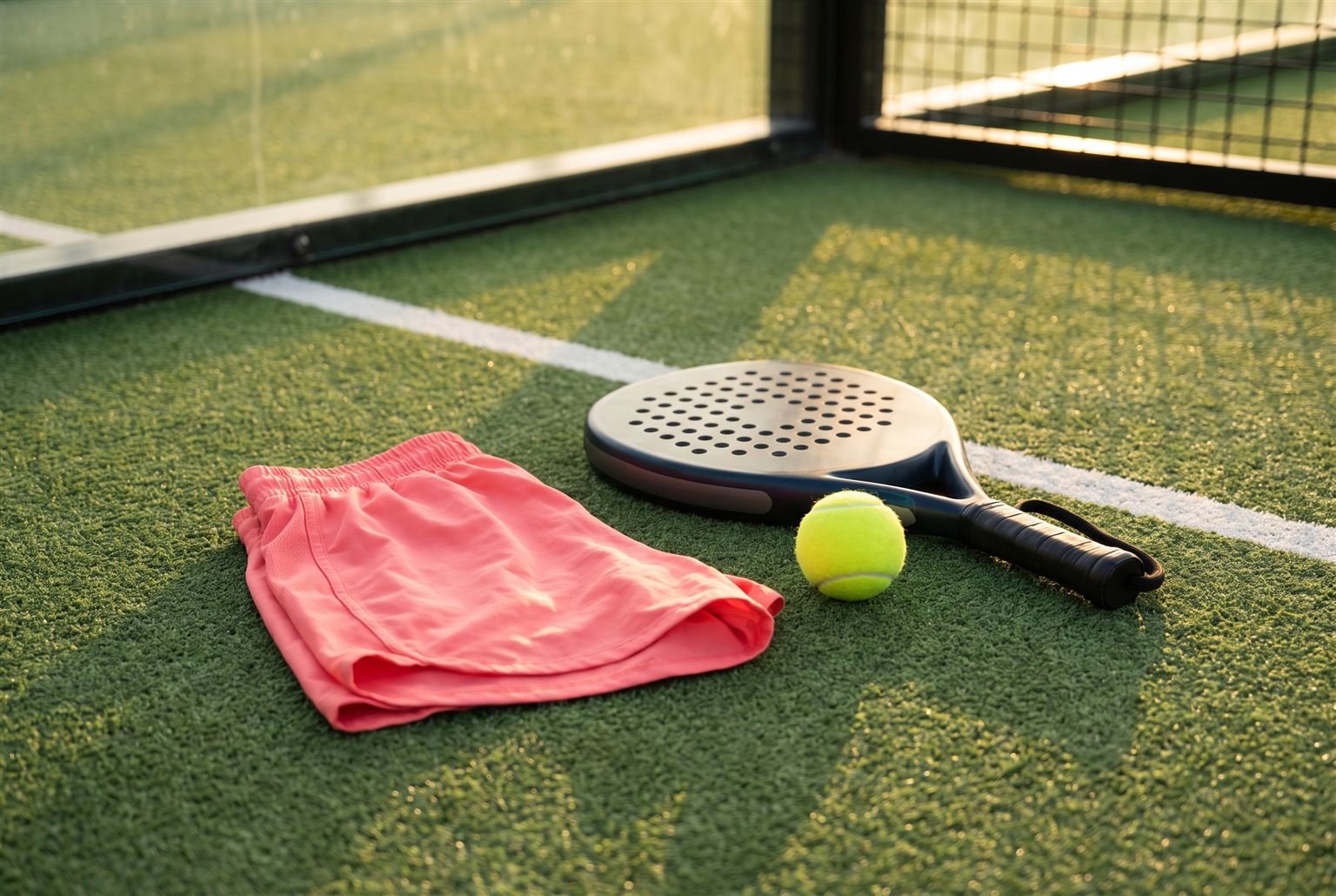 Koraalroze short op de padelbaan met racket en bal