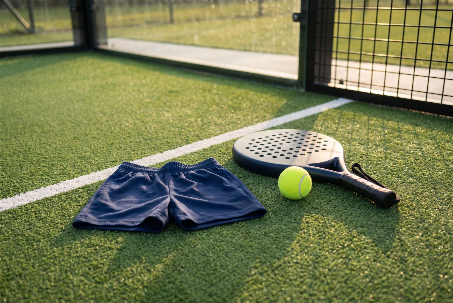 Kleine kindershort op de padelbaan met junior racket en bal