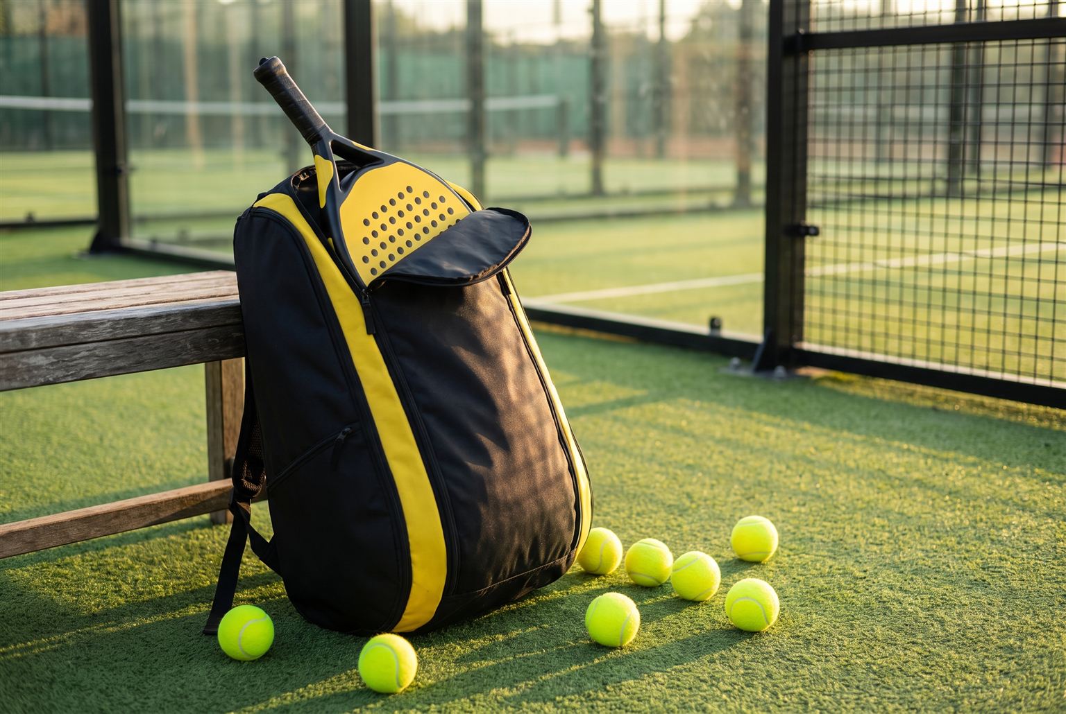 Padeltas met racket op de baan naast een bankje
