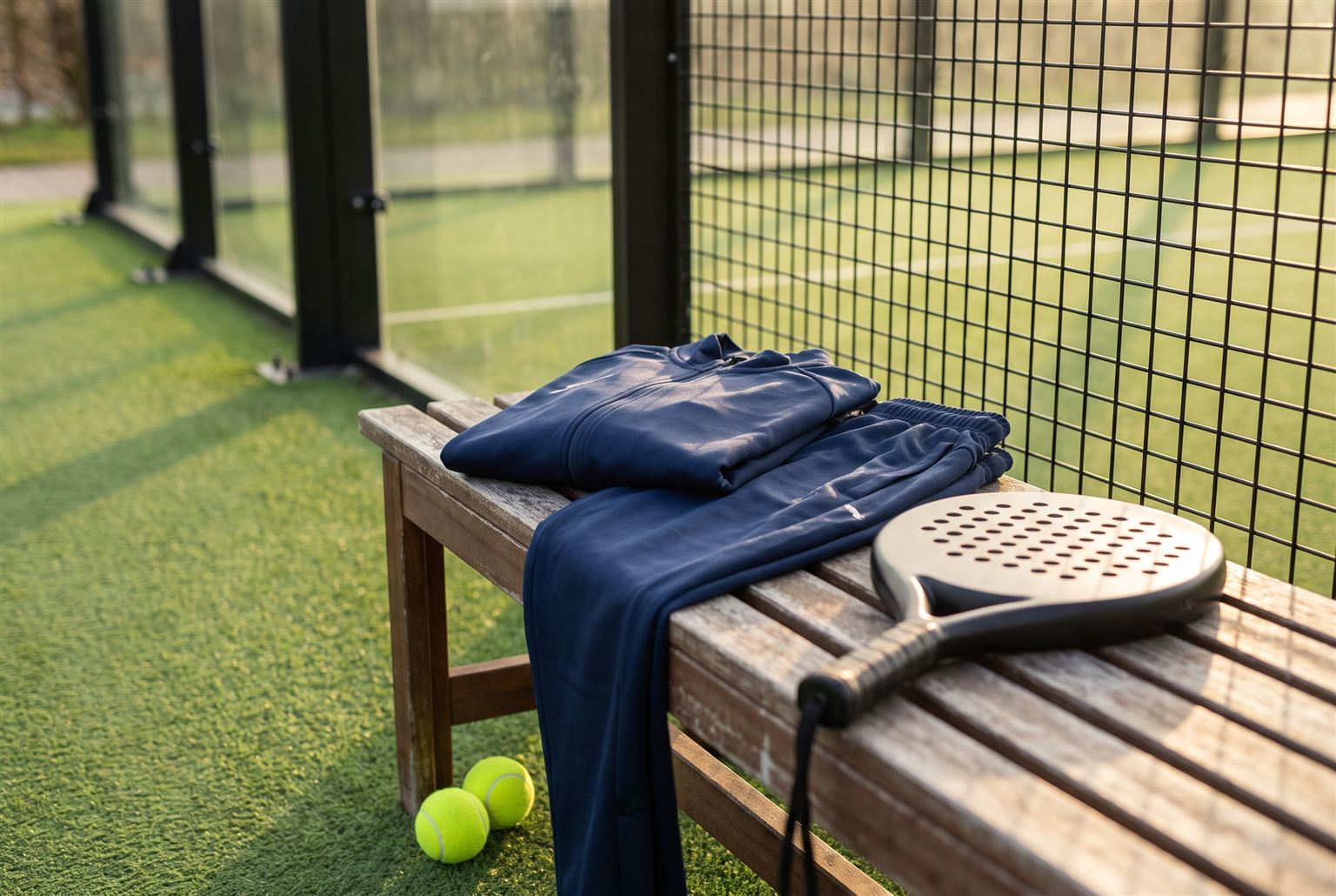 Opgevouwen donkerblauw trainingspak op een bankje naast de padelbaan met racket
