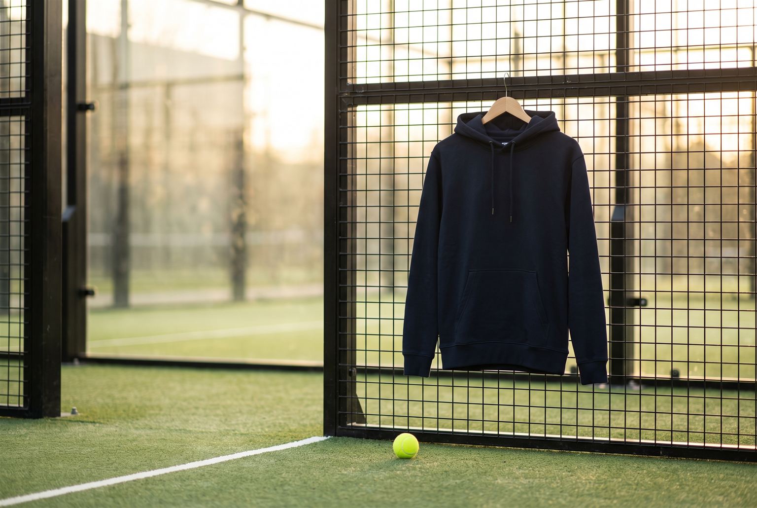 Donkerblauwe hoodie op een hanger aan de padelkooi